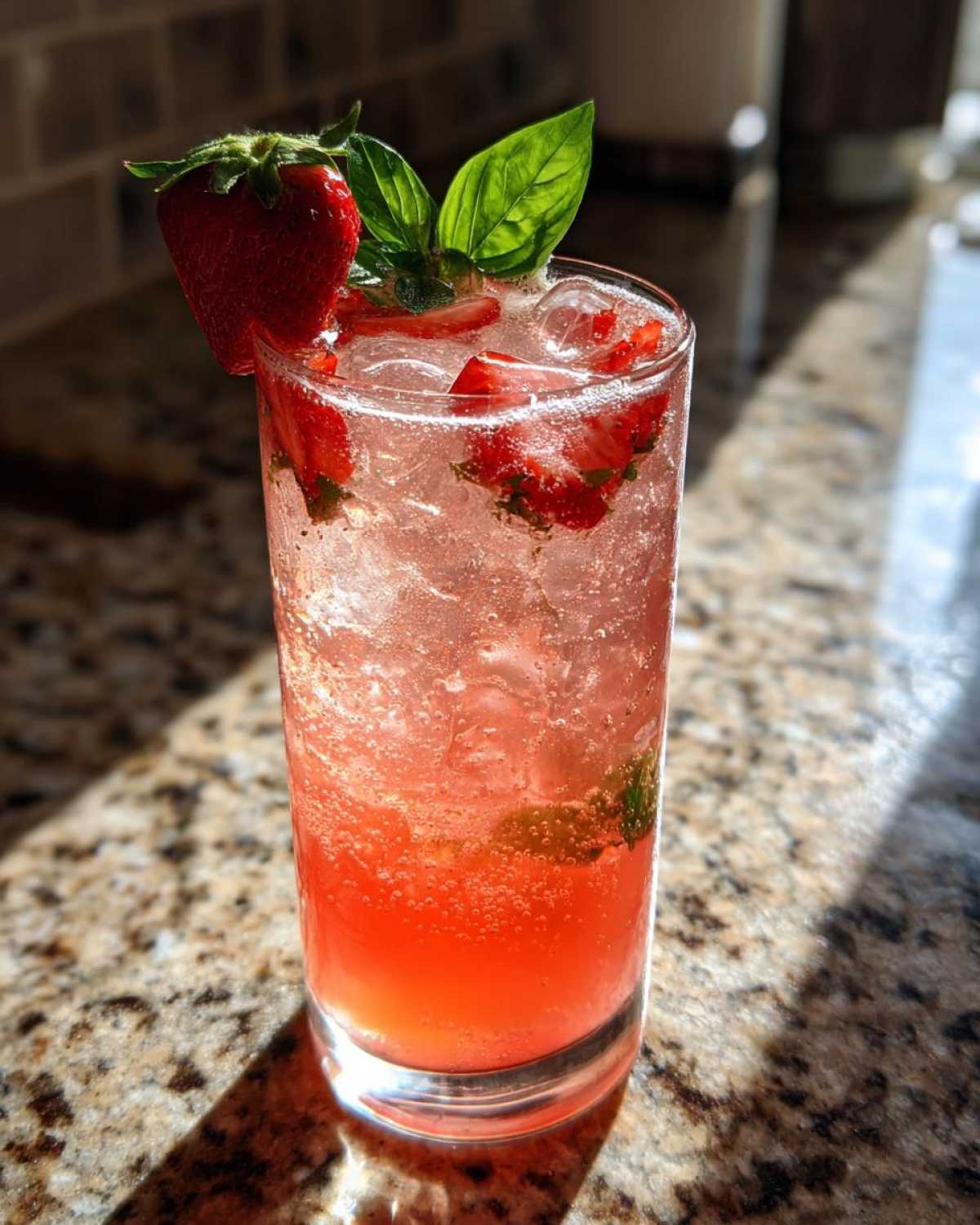 A tall glass of vibrant Sparkling Strawberry Basil Lemonade, garnished with a fresh strawberry and basil leaves, sitting on a granite counter.