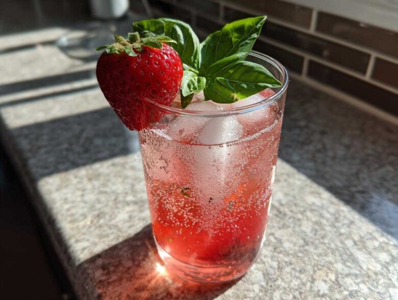 Close-up of Sparkling Strawberry Basil Lemonade garnished with a fresh strawberry and basil leaves, filled with ice.