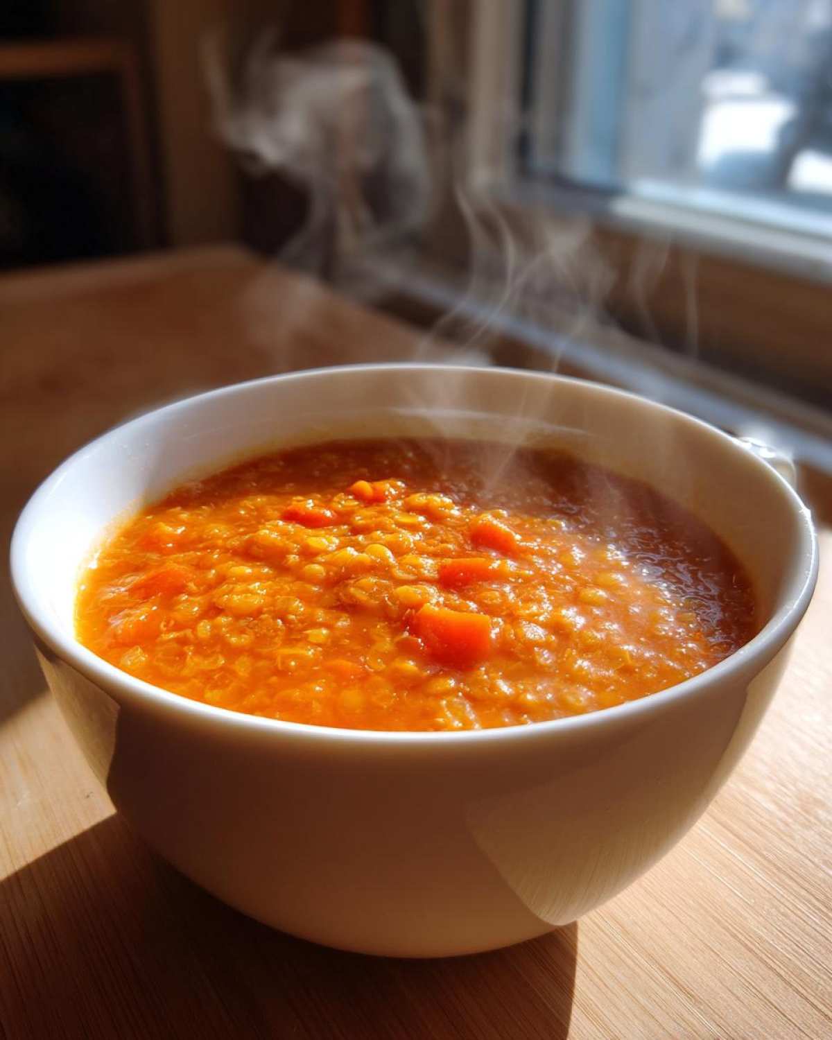 A close-up of a steaming white bowl filled with vibrant orange Instant Pot Tomato Lentil Soup, sitting on a wooden surface near a window.
