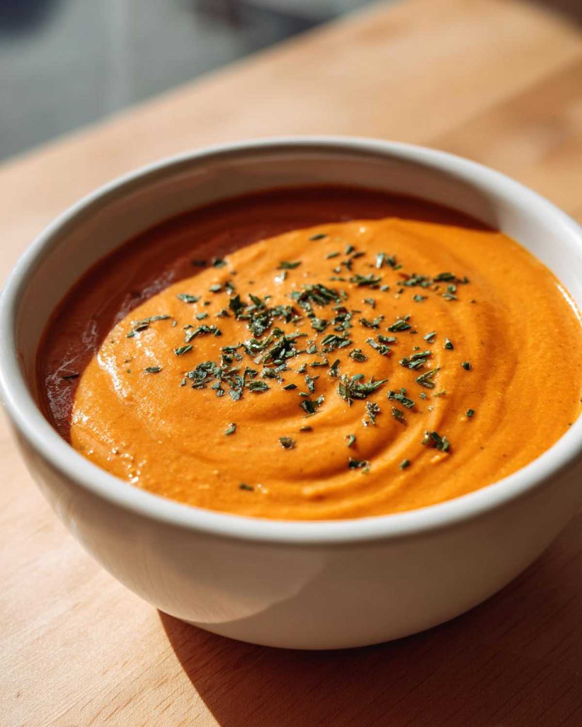 A close-up of vibrant orange Vegan Creamy Roasted Carrot Ginger Soup garnished with green herbs in a white bowl.