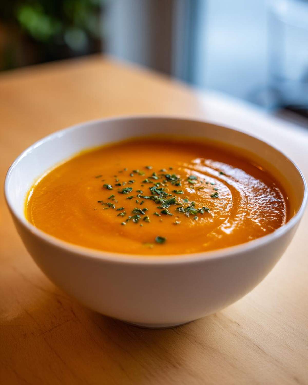A close-up of a bowl of vibrant orange Vegan Creamy Roasted Carrot Ginger Soup, garnished with fresh green herbs.