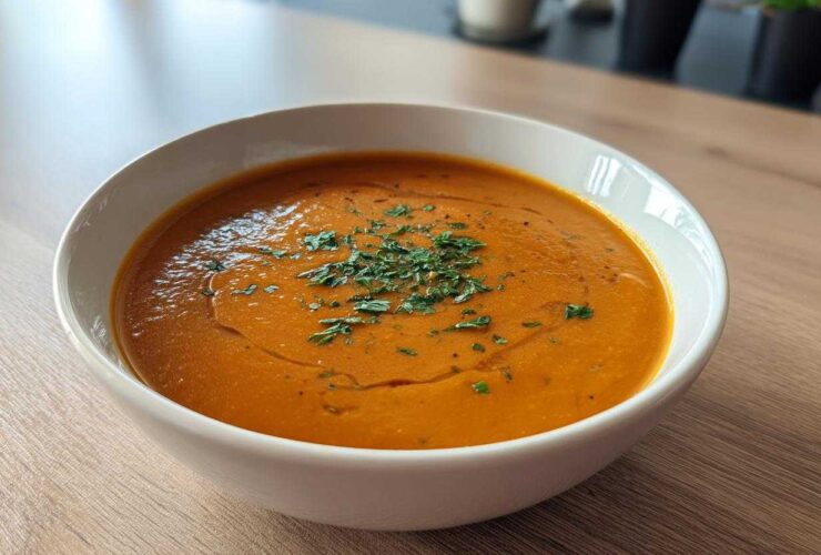 A close-up of a bowl of Vegan Creamy Roasted Carrot Ginger Soup, garnished with fresh herbs and a drizzle of oil.