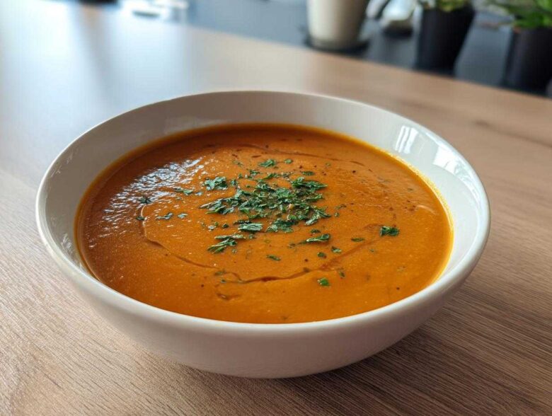 A close-up of a bowl of Vegan Creamy Roasted Carrot Ginger Soup, garnished with fresh herbs and a drizzle of oil.