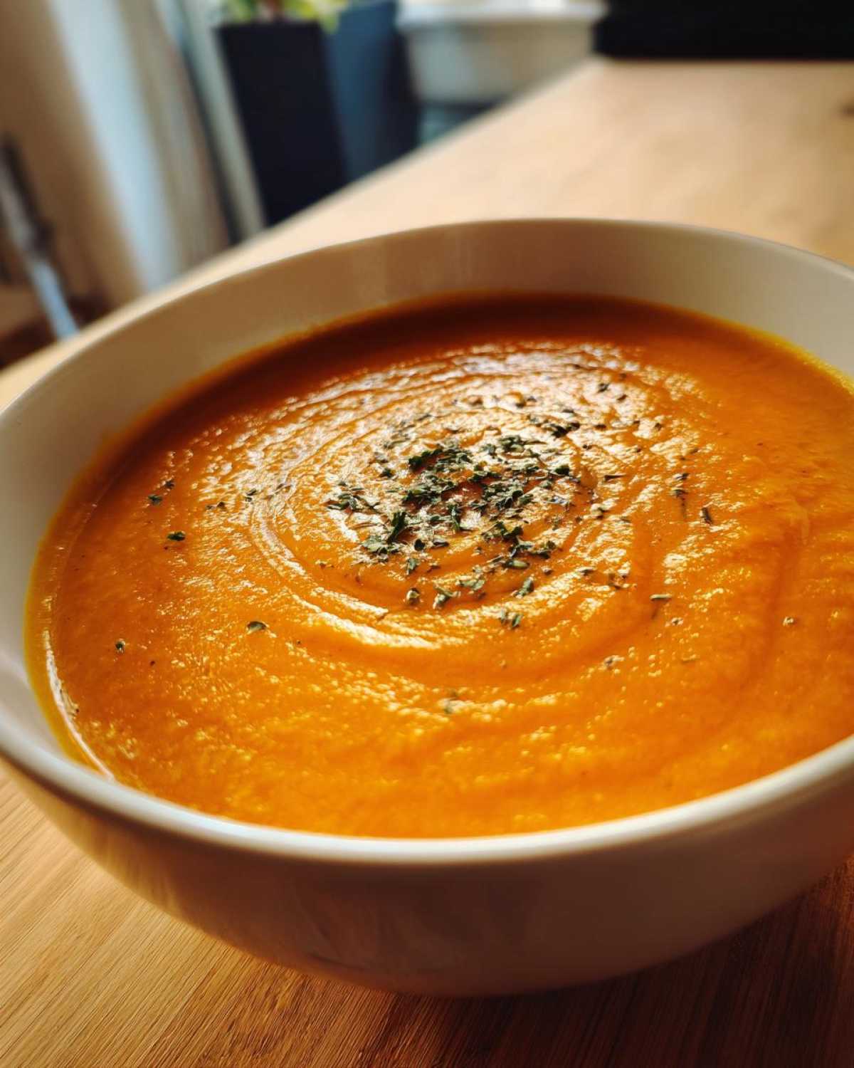 Close-up of a bowl of vibrant orange Vegan Creamy Roasted Carrot Ginger Soup, garnished with dried herbs.