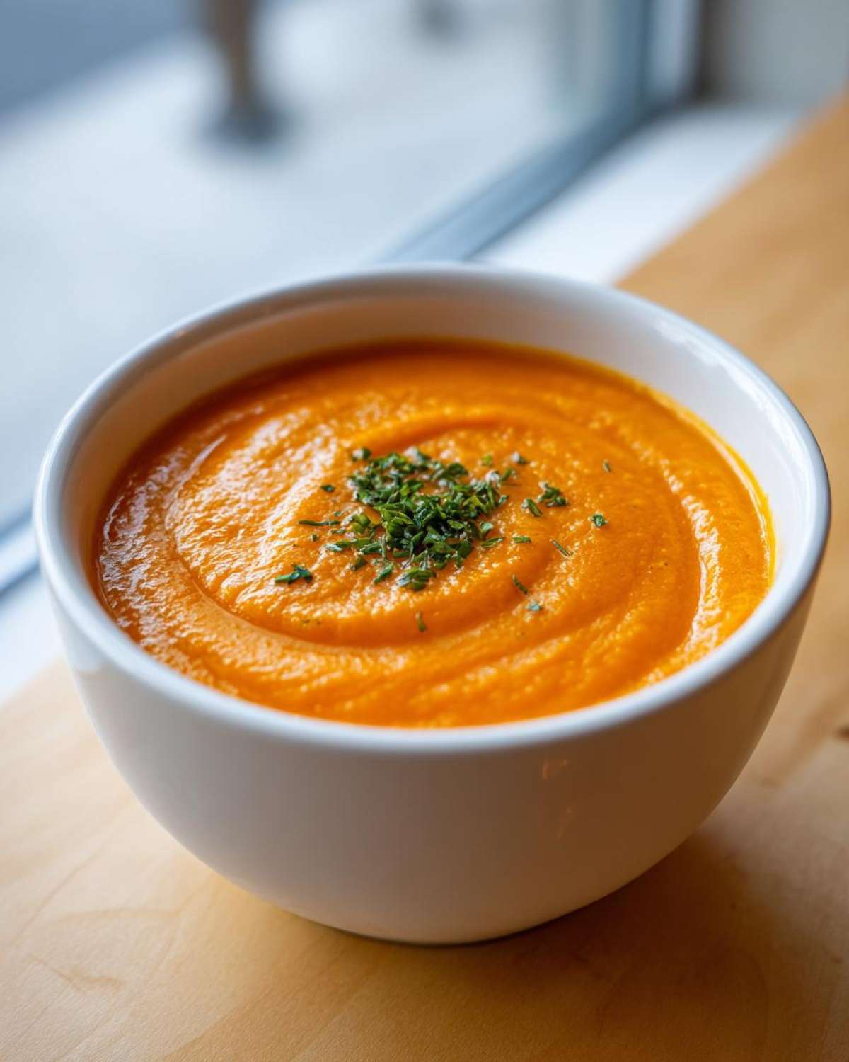 Close-up of a white bowl filled with vibrant orange Vegan Creamy Roasted Carrot Ginger Soup, garnished with fresh herbs.