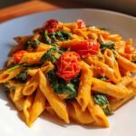 Close-up of Vegan Creamy Roasted Red Pepper Hummus Pasta with penne, spinach, and roasted cherry tomatoes.