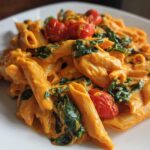 Close-up of penne pasta coated in a vibrant orange sauce, mixed with wilted spinach and roasted cherry tomatoes, featuring Vegan Creamy Roasted Red Pepper Hummus Pasta.
