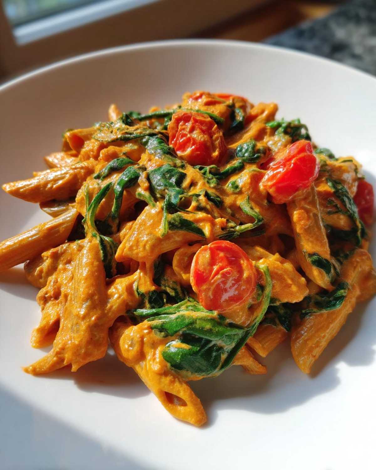 A close-up of Vegan Creamy Roasted Red Pepper Hummus Pasta mixed with wilted spinach and halved cherry tomatoes.