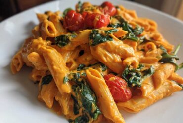Close-up of penne pasta coated in a vibrant orange sauce, mixed with wilted spinach and roasted cherry tomatoes, featuring Vegan Creamy Roasted Red Pepper Hummus Pasta.