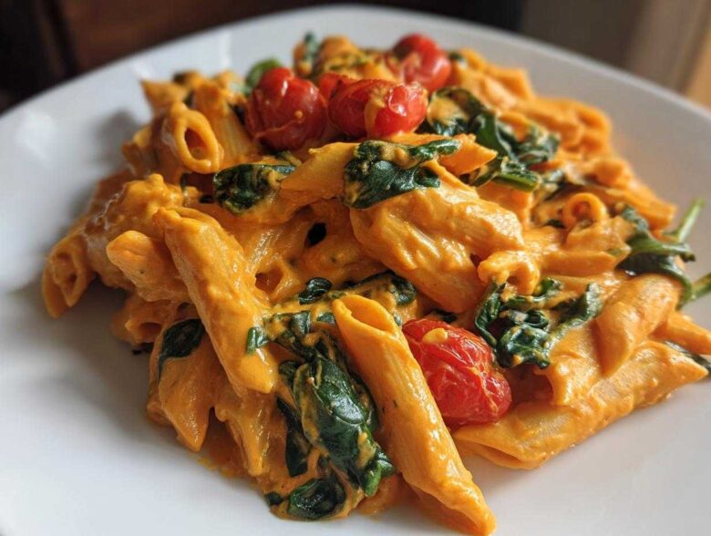 Close-up of penne pasta coated in a vibrant orange sauce, mixed with wilted spinach and roasted cherry tomatoes, featuring Vegan Creamy Roasted Red Pepper Hummus Pasta.