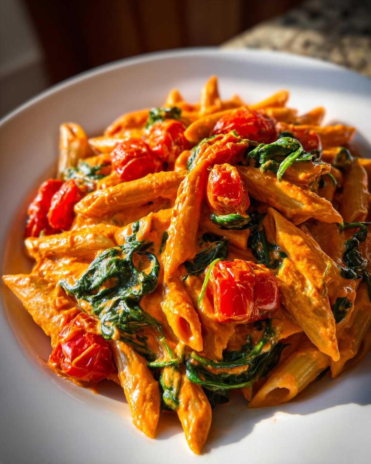 Close-up of penne pasta coated in creamy orange sauce with wilted spinach and roasted cherry tomatoes in Vegan Creamy Roasted Red Pepper Hummus Pasta.