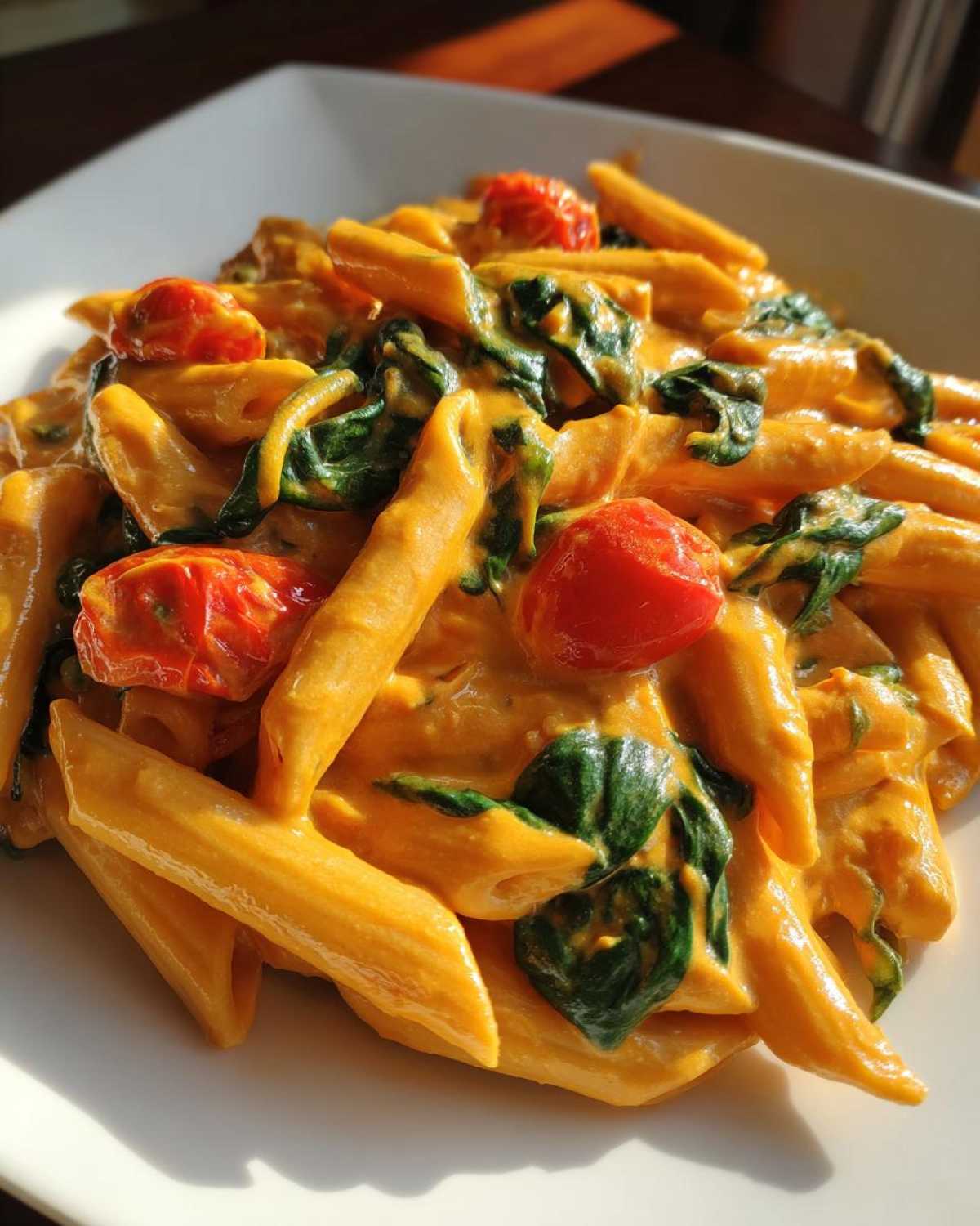 Close-up of penne pasta coated in creamy orange sauce with spinach and cherry tomatoes, featuring Vegan Creamy Roasted Red Pepper Hummus Pasta.