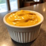 A close-up of thick, vibrant orange Vegan Creamy Sweet Potato Mac Sauce in a white fluted ramekin.