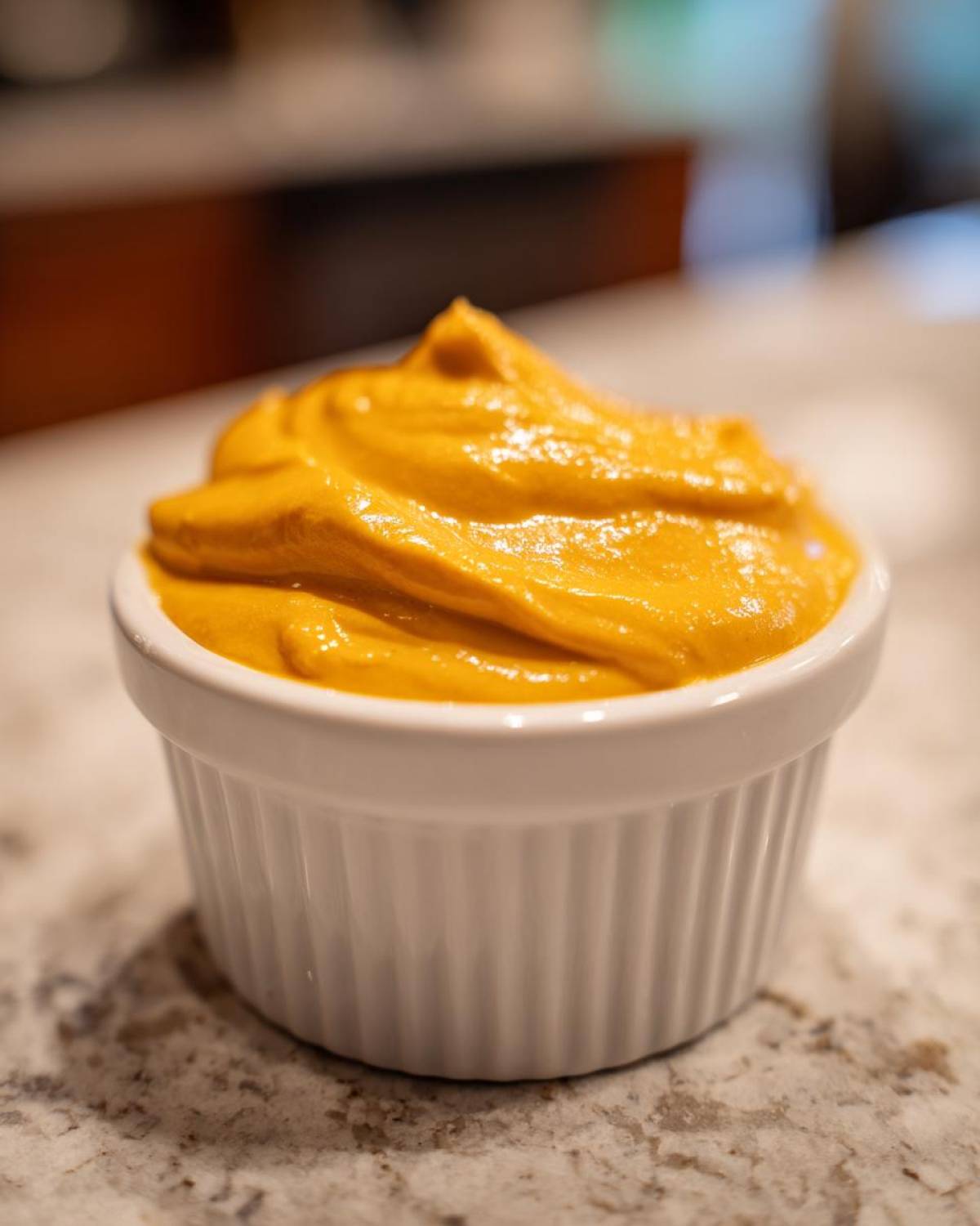 Close-up of vibrant orange Vegan Creamy Sweet Potato Mac Sauce swirled in a small white ramekin.