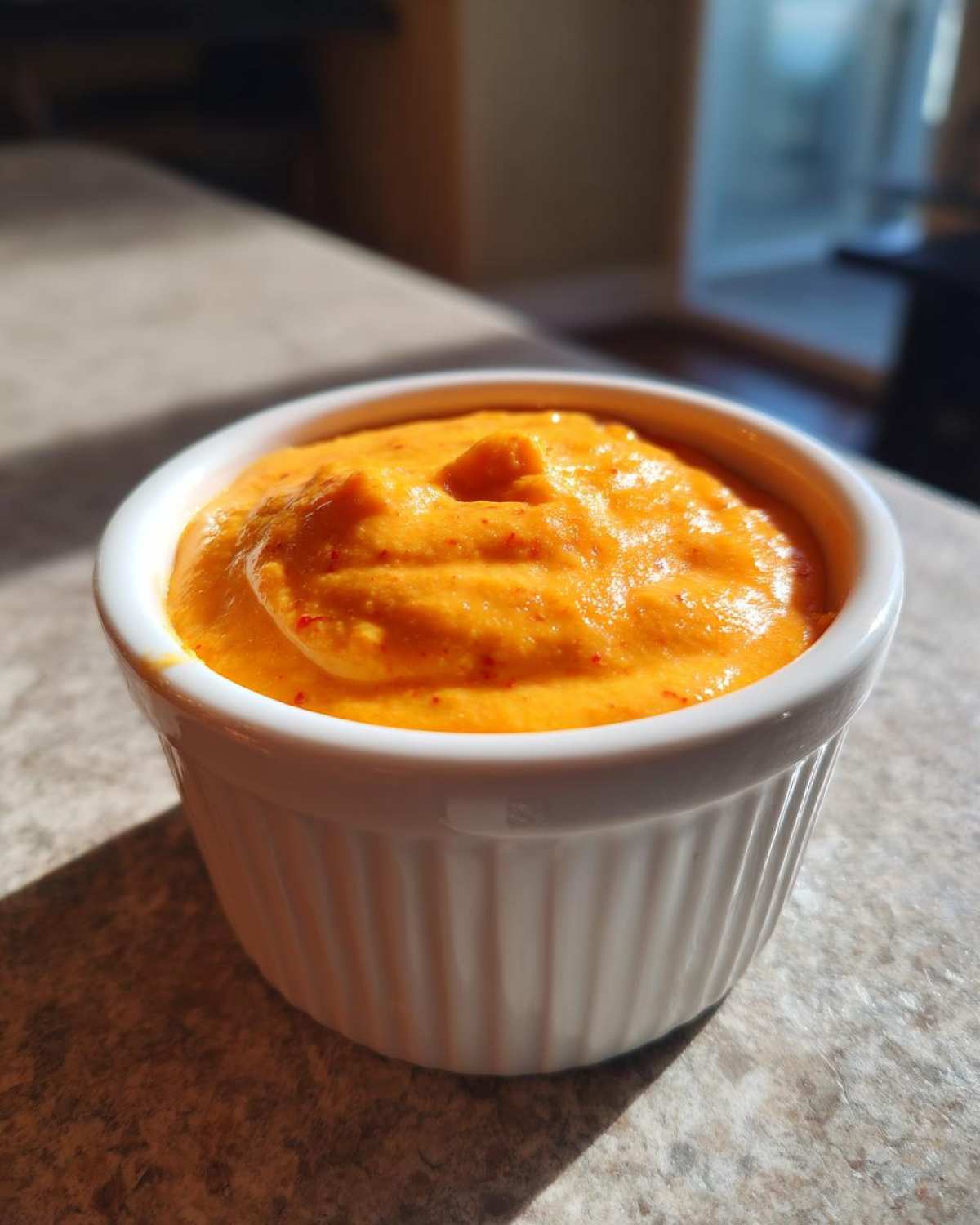 A close-up of thick, bright orange Vegan Creamy Sweet Potato Mac Sauce served in a small white fluted ramekin.