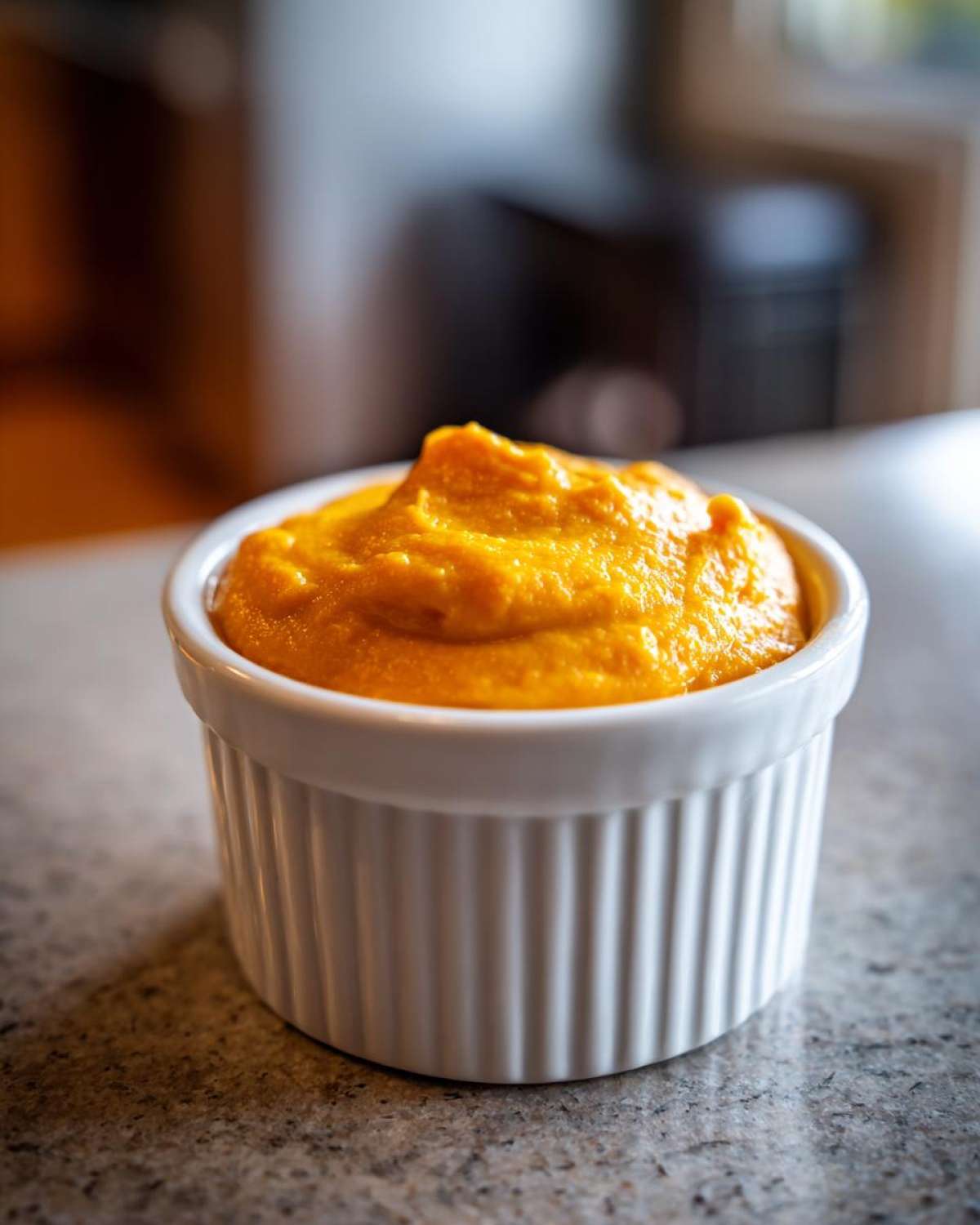 A close-up of thick, bright orange Vegan Creamy Sweet Potato Mac Sauce served in a small white fluted ramekin.