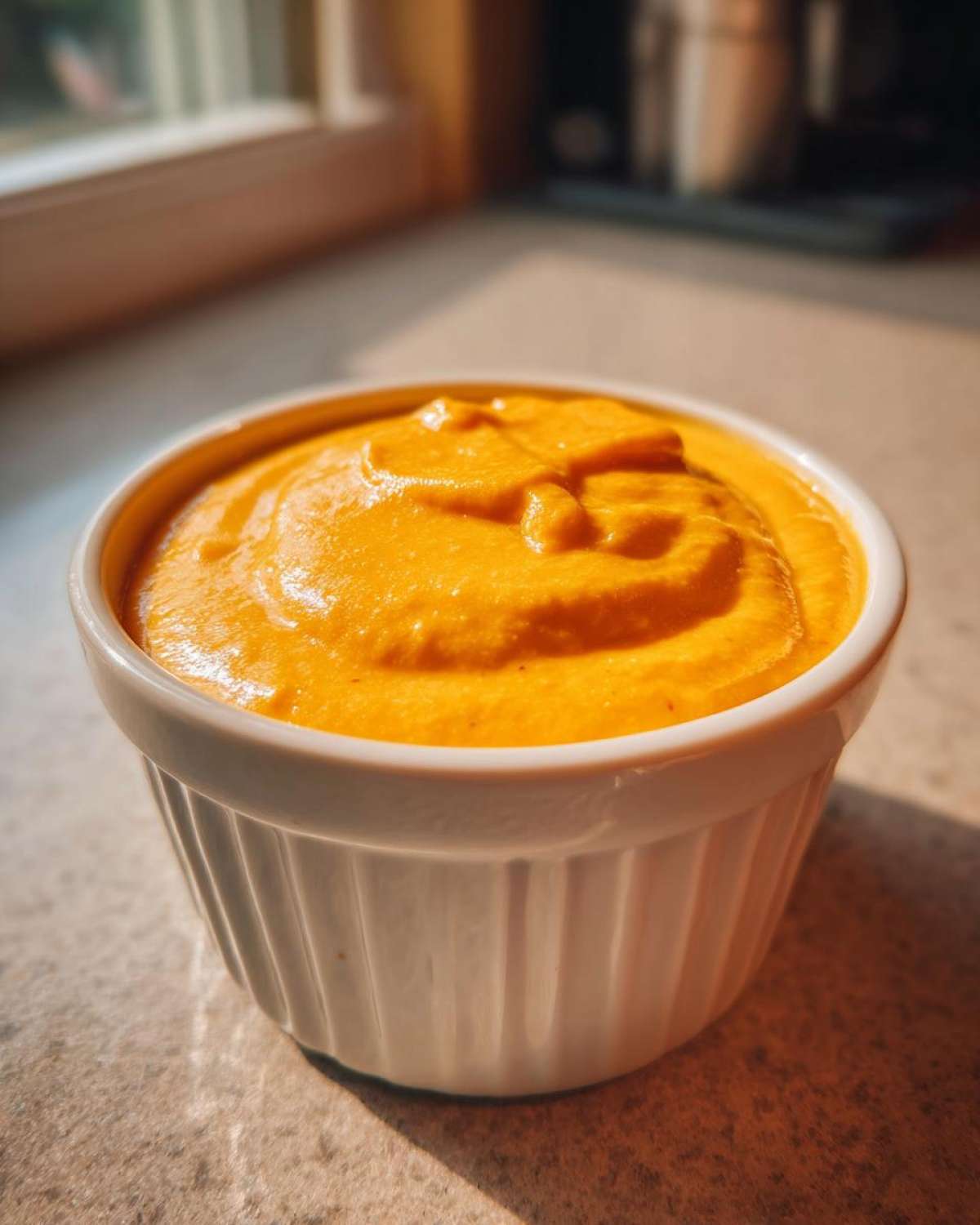 Close-up of bright orange Vegan Creamy Sweet Potato Mac Sauce swirled in a white ramekin dish.