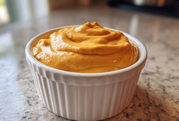 A close-up of thick, vibrant orange Vegan Creamy Sweet Potato Mac Sauce swirled in a white ceramic ramekin.