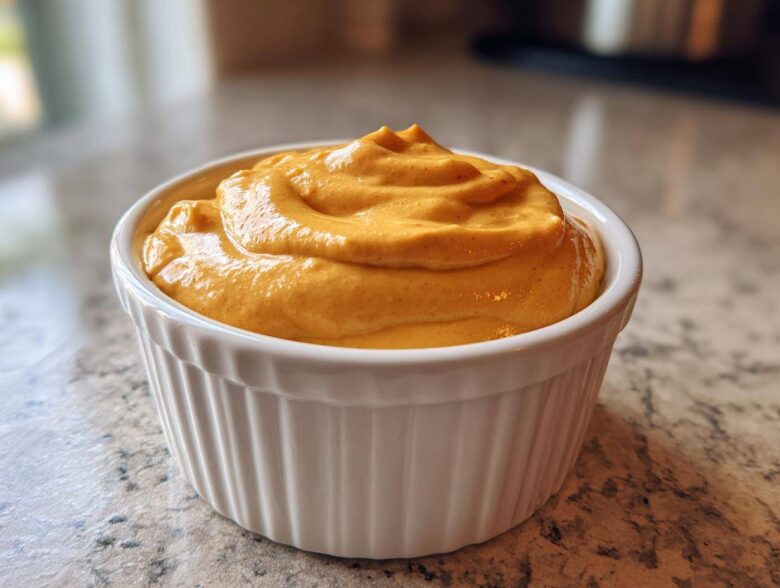 A close-up of thick, vibrant orange Vegan Creamy Sweet Potato Mac Sauce swirled in a white ceramic ramekin.
