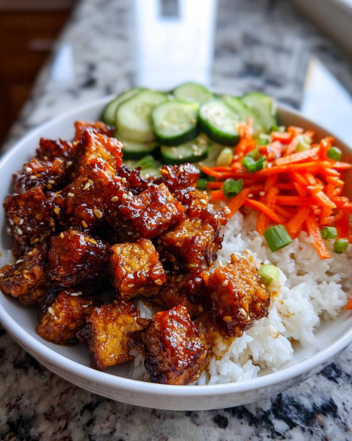 A close-up of a Vegan Crispy Sesame Tempeh Bowl with sticky glazed tempeh, white rice, carrots, and cucumbers.