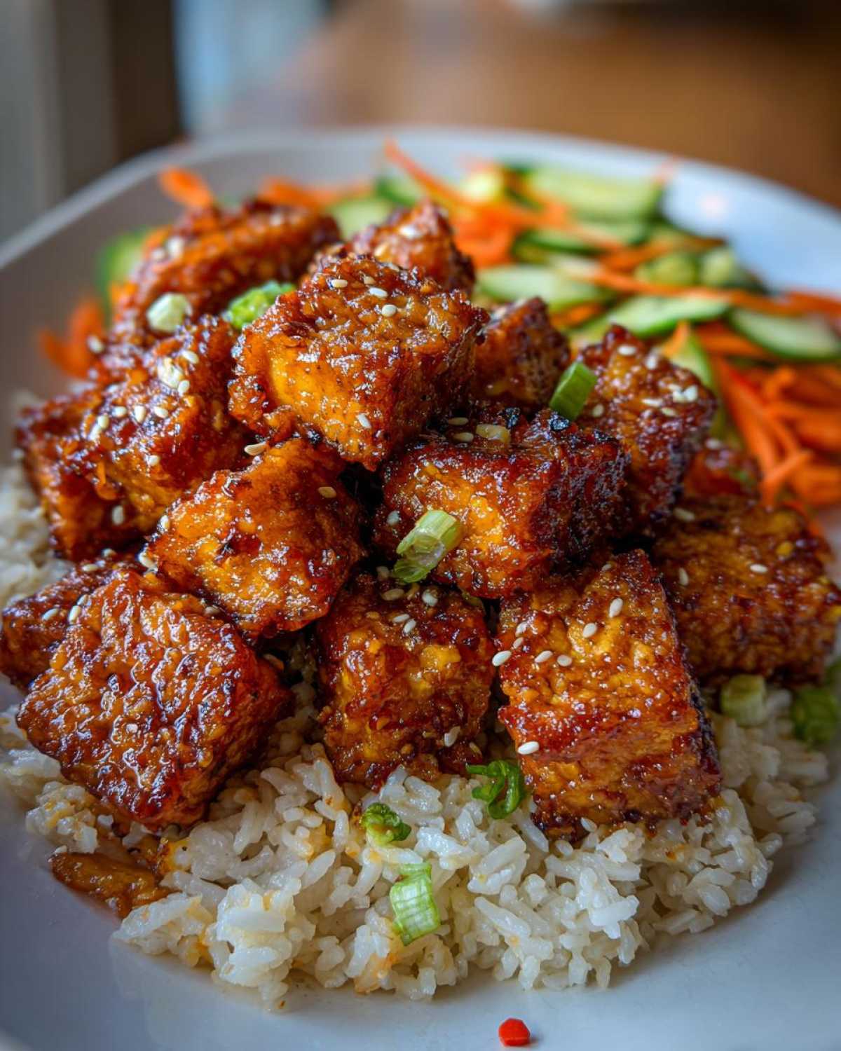 Close-up of sticky, glazed Vegan Crispy Sesame Tempeh Bowl pieces served over white rice with sliced cucumbers and carrots.