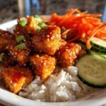 Close-up of a Vegan Crispy Sesame Tempeh Bowl featuring glazed tempeh cubes over rice with cucumber and shredded carrots.