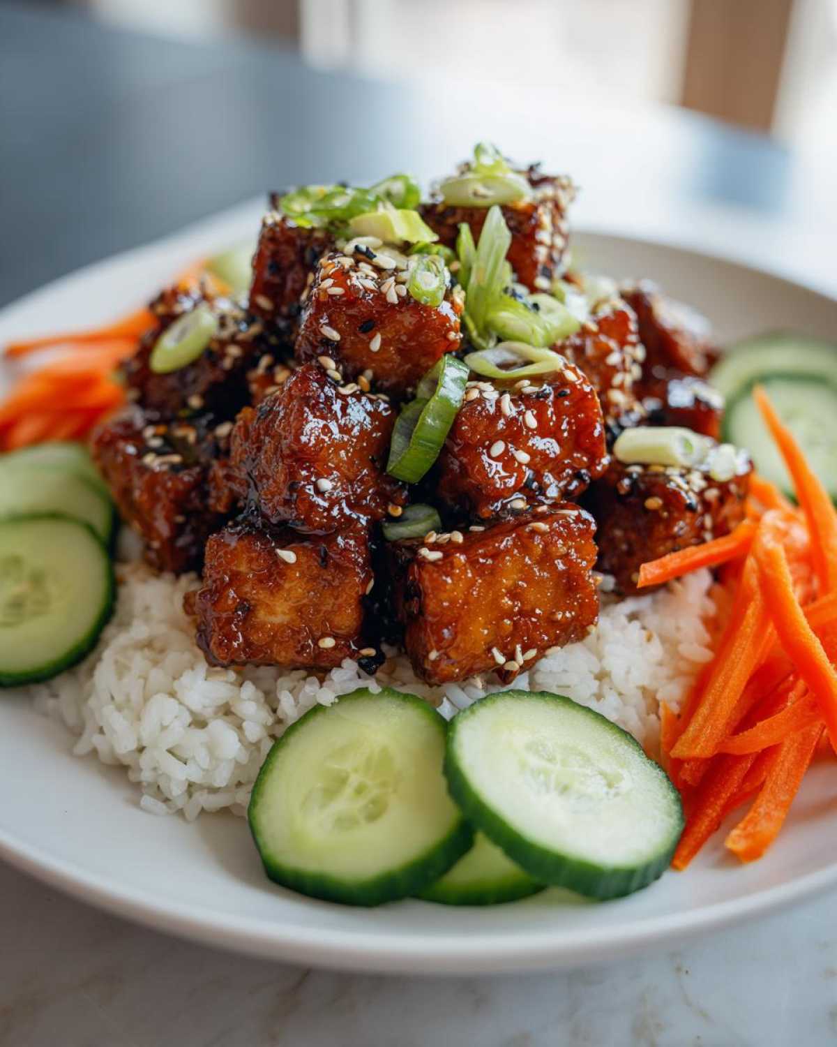 Close-up of a Vegan Crispy Sesame Tempeh Bowl featuring glazed tempeh cubes over rice with cucumber and carrot slices.