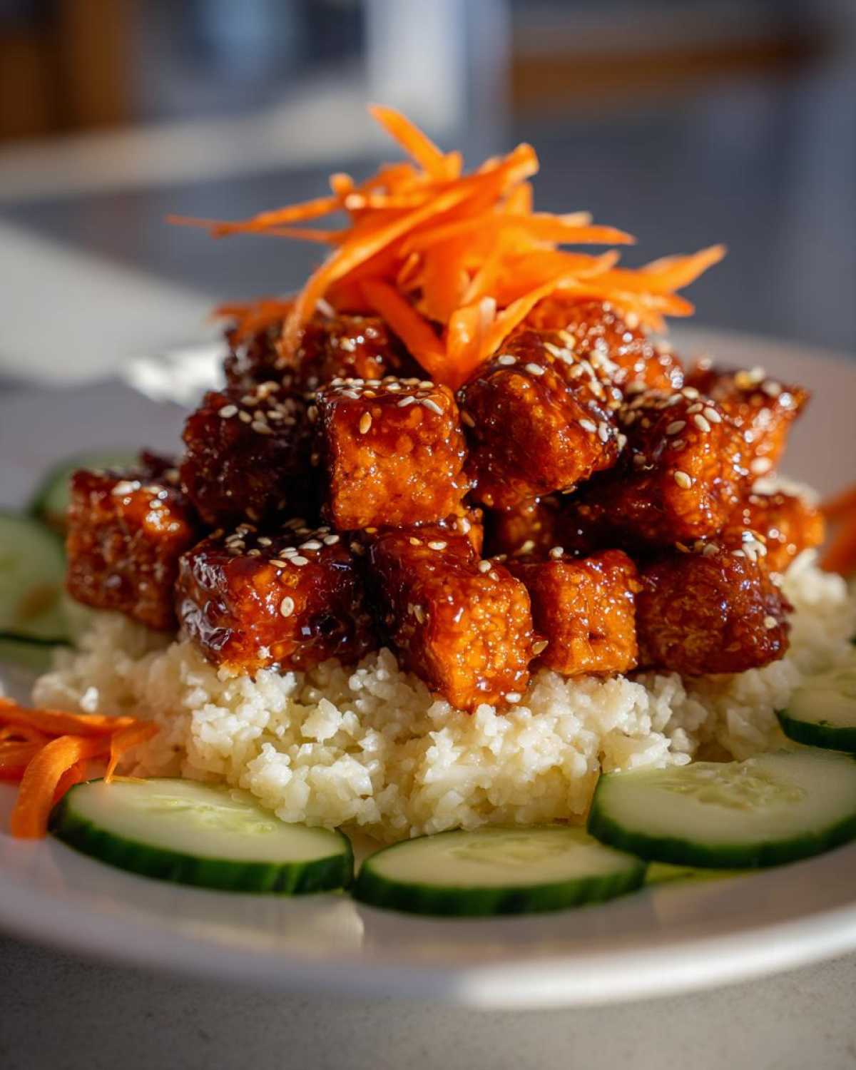 Close-up of a Vegan Crispy Sesame Tempeh Bowl featuring glazed tempeh cubes over rice, garnished with cucumber slices and shredded carrots.