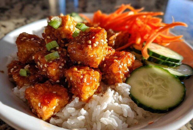 Close-up of a Vegan Crispy Sesame Tempeh Bowl featuring glazed tempeh cubes over rice with cucumber and shredded carrots.