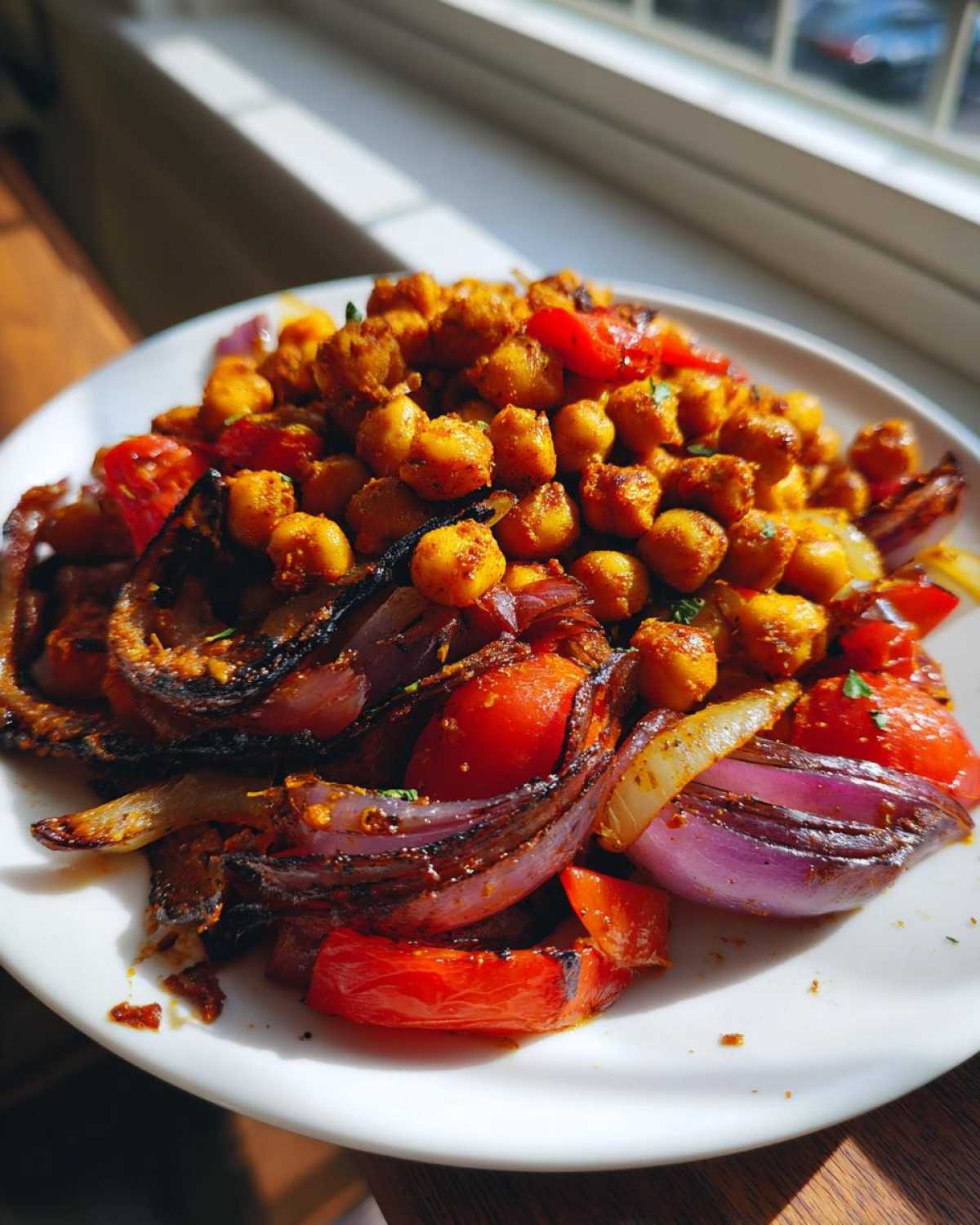 A plate featuring the Vegan One-Pan Chickpea Shawarma Sheet Bake with roasted chickpeas, red onions, and tomatoes.