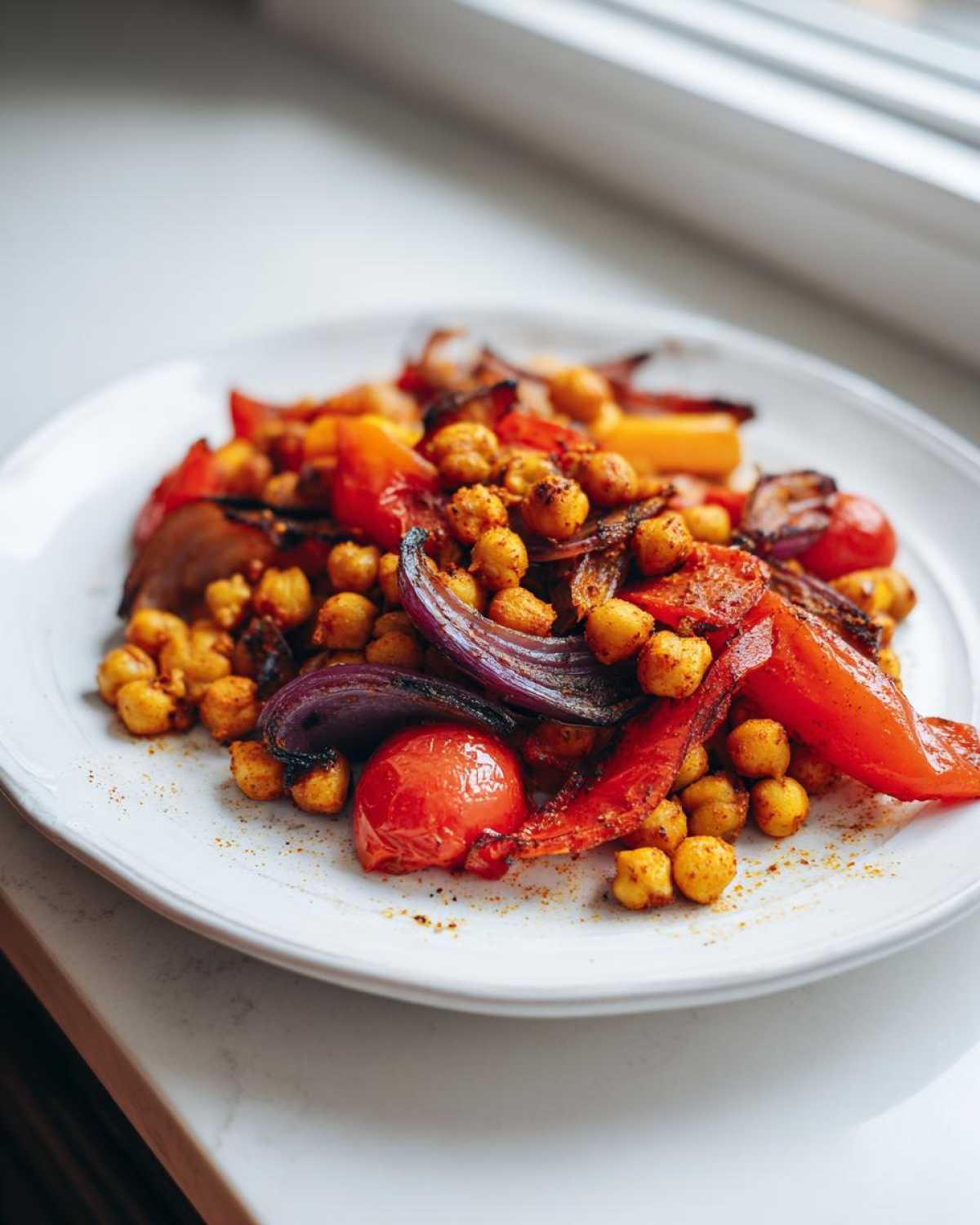 Close-up of a serving of Vegan One-Pan Chickpea Shawarma Bake with roasted chickpeas, red onion, and peppers on a white plate.
