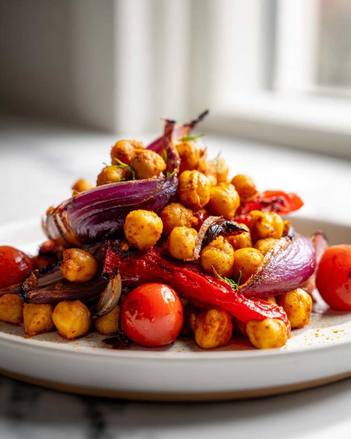Close-up of roasted chickpeas, red onion wedges, and cherry tomatoes from the Vegan One-Pan Chickpea Shawarma Sheet Bake.
