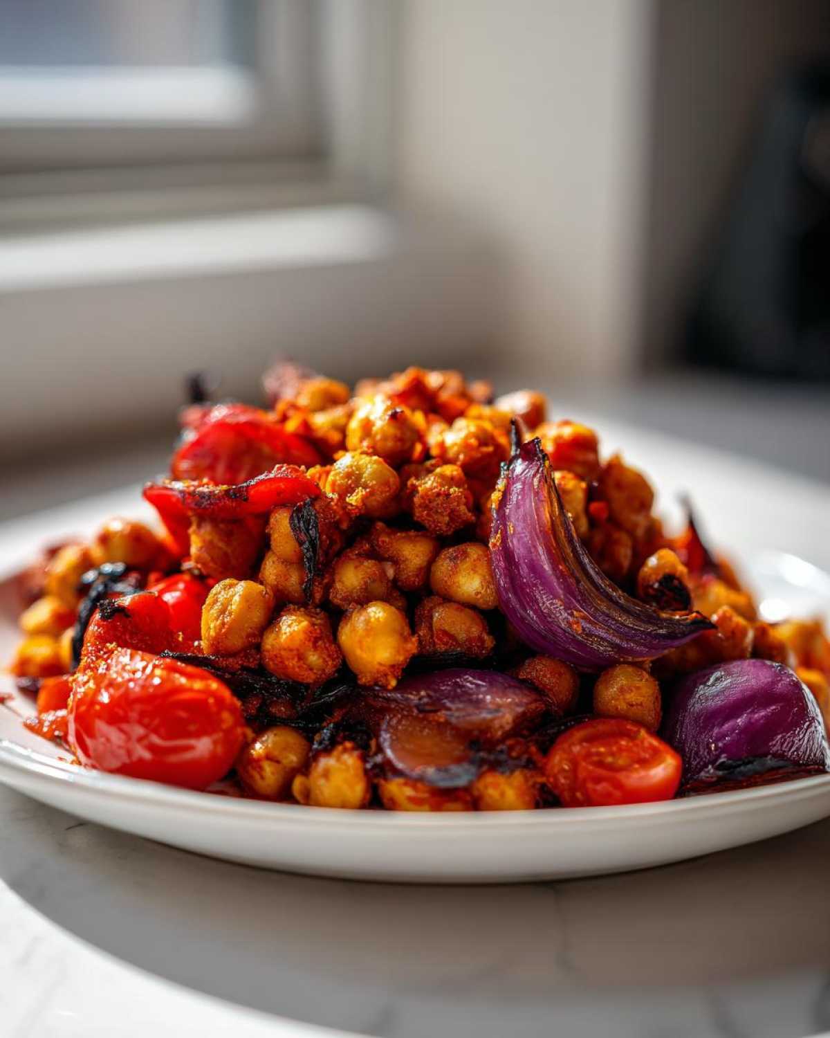 Close-up of roasted chickpeas, red onions, and tomatoes from the Vegan One-Pan Chickpea Shawarma Sheet Bake.