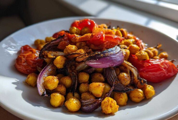 Close-up of roasted chickpeas, red onion wedges, and tomatoes seasoned for a Vegan One-Pan Chickpea Shawarma Sheet Bake.