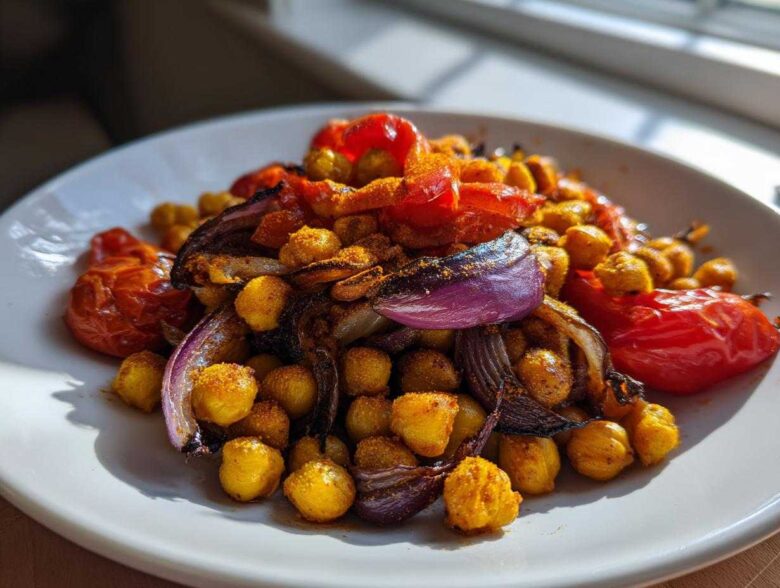 Close-up of roasted chickpeas, red onion wedges, and tomatoes seasoned for a Vegan One-Pan Chickpea Shawarma Sheet Bake.
