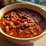 A close-up shot of a hearty bowl of Vegan One-Pot Lentil Taco Soup, rich in color with visible lentils, corn, and beans.