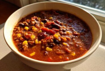 A close-up shot of a hearty bowl of Vegan One-Pot Lentil Taco Soup, rich in color with visible lentils, corn, and beans.