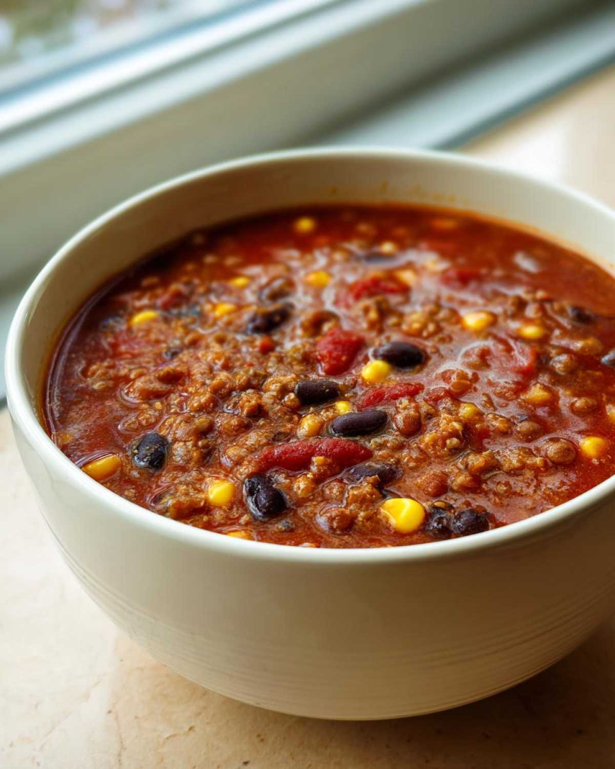 Close-up of a creamy white bowl filled with rich, red Vegan One-Pot Lentil Taco Soup containing black beans and corn.
