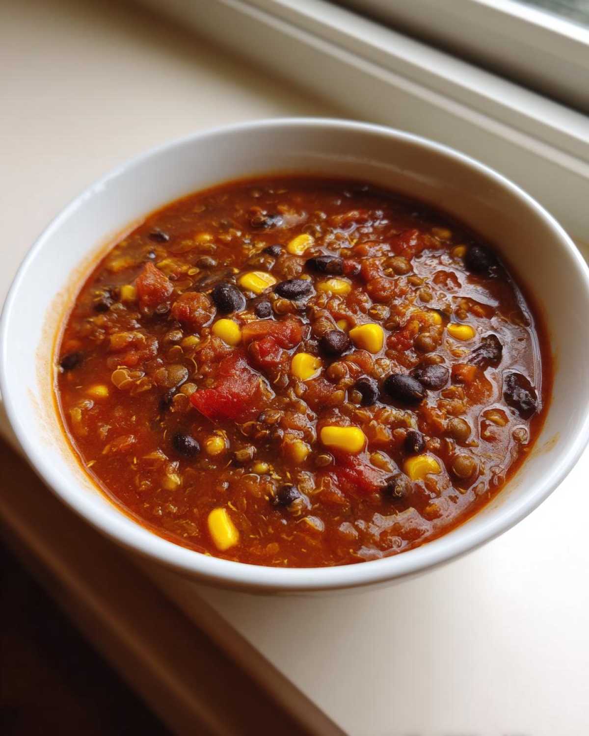 Close-up of a bowl of rich, red Vegan One-Pot Lentil Taco Soup filled with lentils, black beans, corn, and tomatoes.
