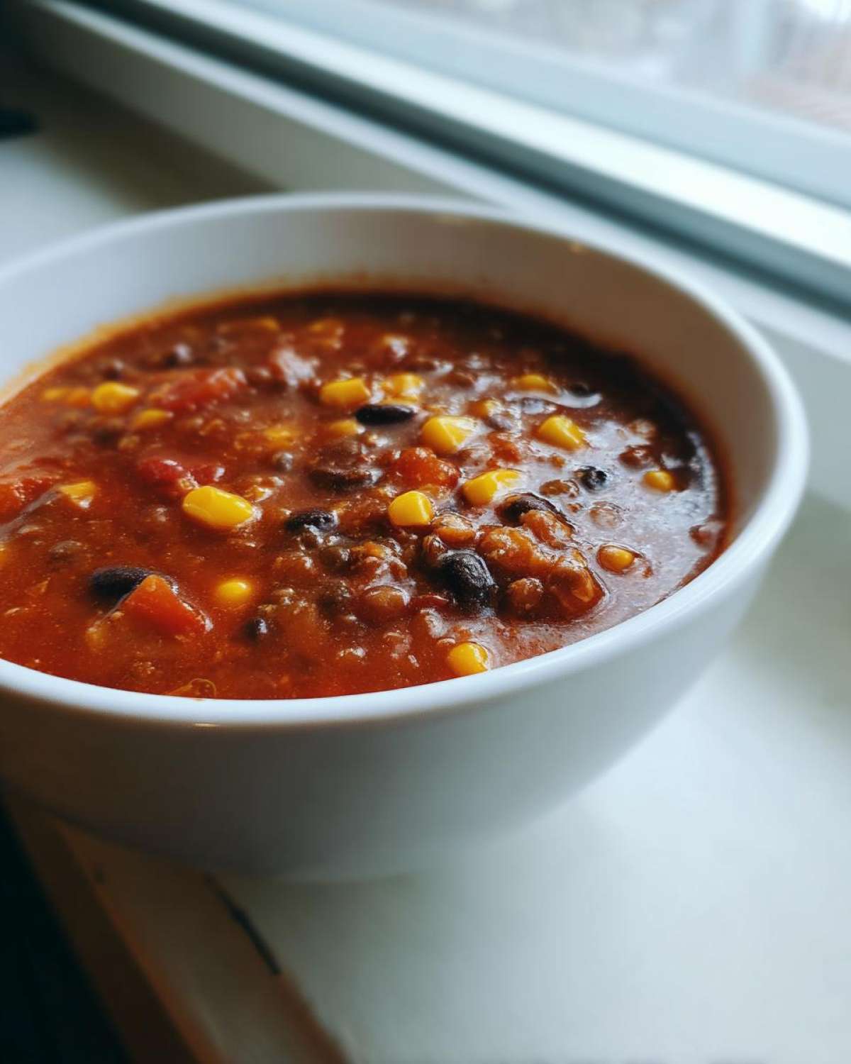 Close-up of a steaming bowl of Vegan One-Pot Lentil Taco Soup, rich with corn and black beans, set by a window.