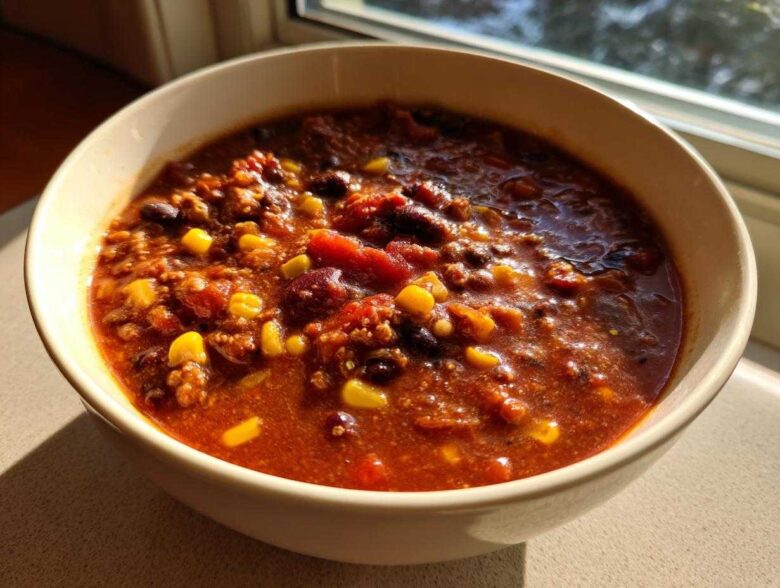 A close-up shot of a hearty bowl of Vegan One-Pot Lentil Taco Soup, rich in color with visible lentils, corn, and beans.
