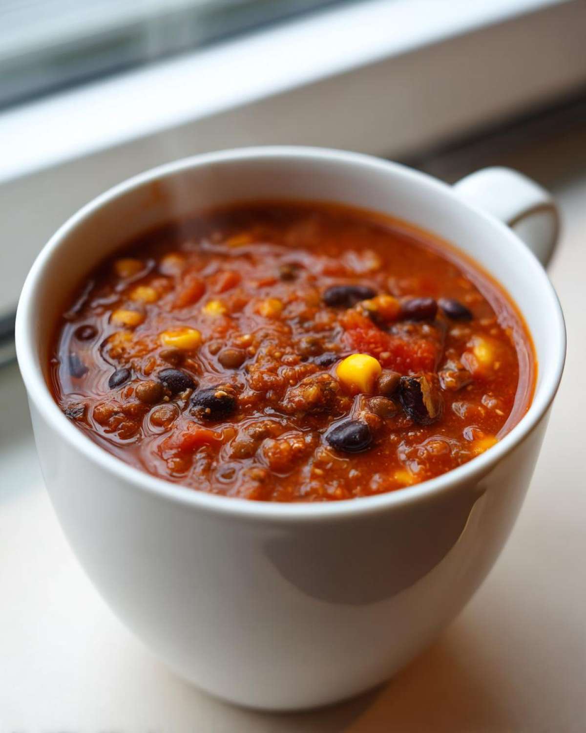 Close-up of steaming Vegan One-Pot Lentil Taco Soup featuring lentils, black beans, and corn in a white mug.