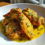 Crispy chicken wings generously coated in a bright yellow Copycat Garlic Parmesan Wing Sauce and topped with fresh parsley.