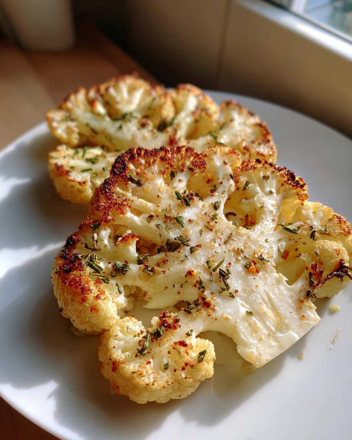 Close-up of two golden-brown Baked Cauliflower Steaks seasoned with herbs on a white plate.