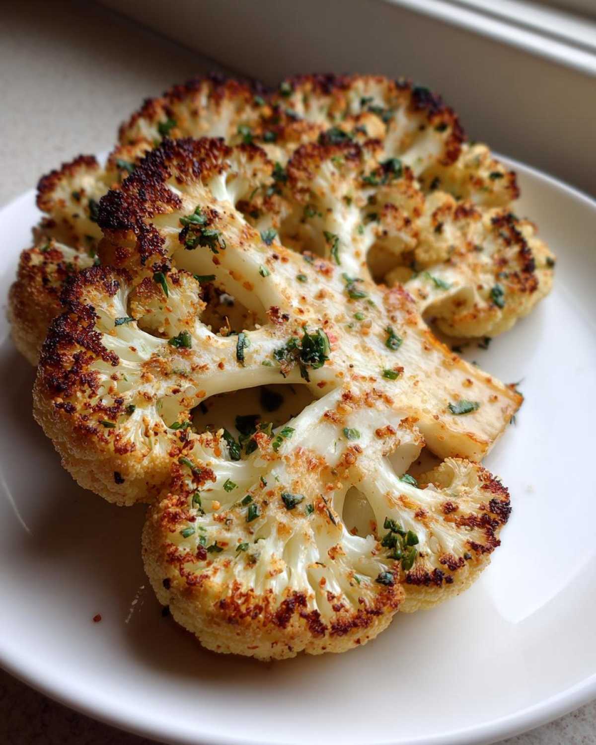 Close-up of two thick slices of golden brown Baked Cauliflower Steaks seasoned with herbs.