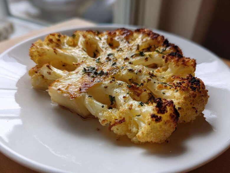 A thick slice of golden brown Baked Cauliflower Steaks, seasoned with herbs, served on a white plate.