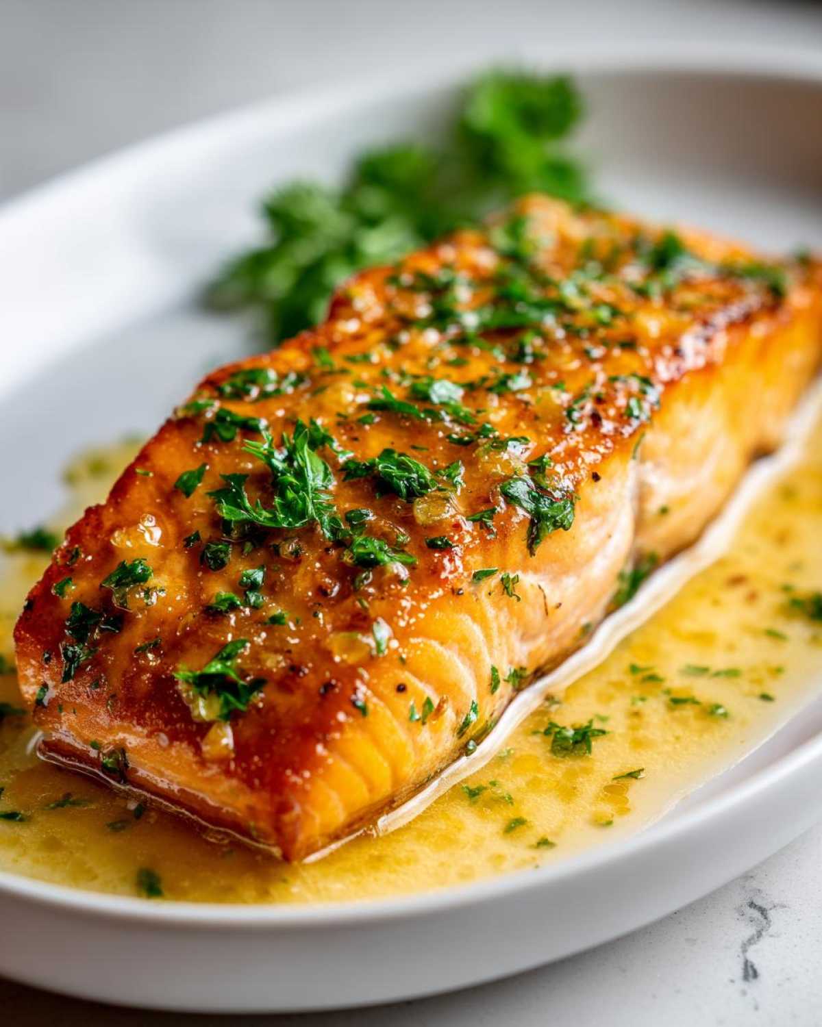 Close-up of a perfectly cooked fillet of Garlic Butter Salmon, Baked, glistening with sauce and topped with fresh parsley.