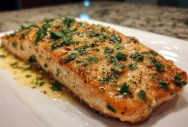 Close-up of a juicy, baked Garlic Butter Salmon fillet topped with minced garlic and fresh parsley.