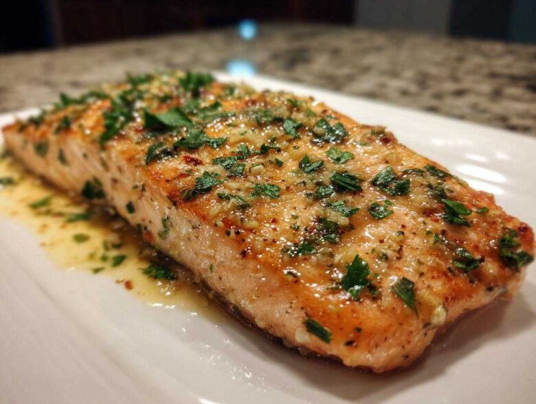Close-up of a juicy, baked Garlic Butter Salmon fillet topped with minced garlic and fresh parsley.