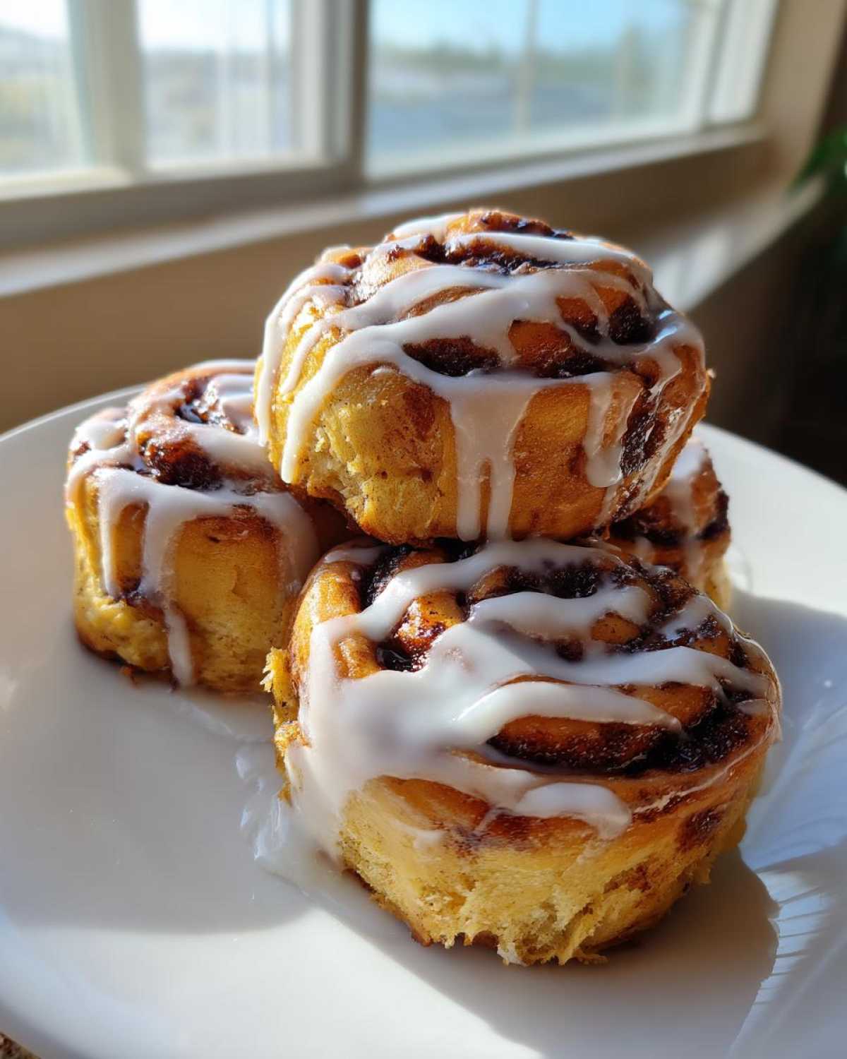 A stack of four freshly baked Banana Bread Batter Cinnamon Buns drizzled generously with white icing.